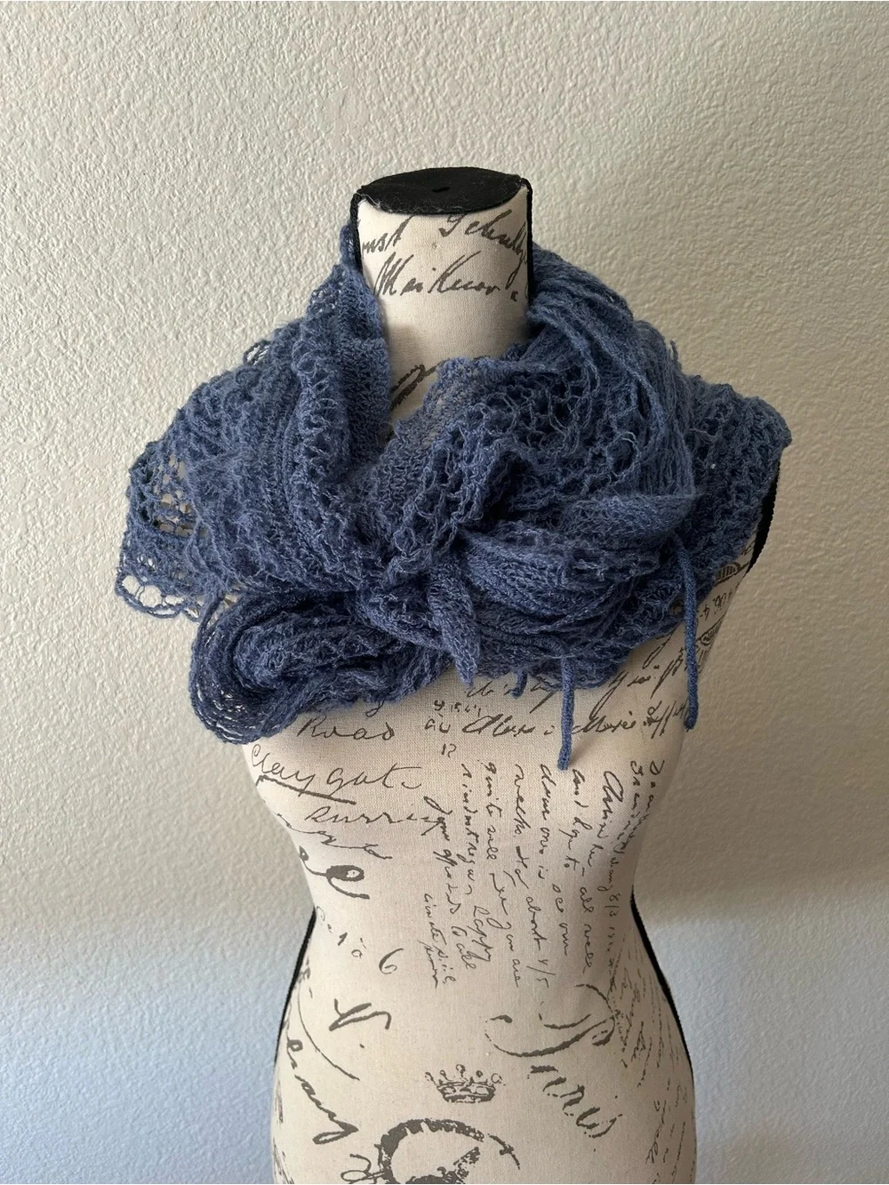 Dusty Blue Knit Lace Fringe Wrap Scarf